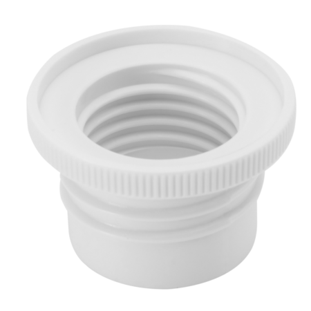 A white plastic threaded adapter with a wide top opening and a narrower bottom end, designed for connecting pipes or fittings.