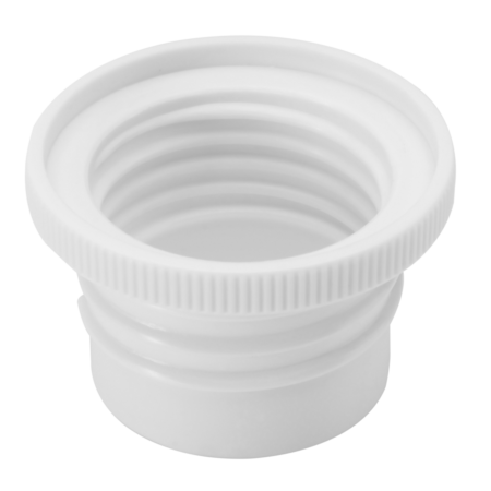 A white, plastic threaded adapter or connector with ridges on the outer edge, viewed from above against a plain background.