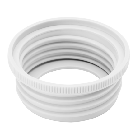 A white, ribbed plastic pipe connector or coupler with a corrugated, flexible design, placed on a plain white background.