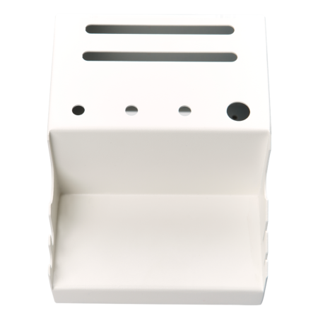 White plastic holder with three horizontal slots, three small round holes, and an open compartment at the bottom, photographed on a plain white background.