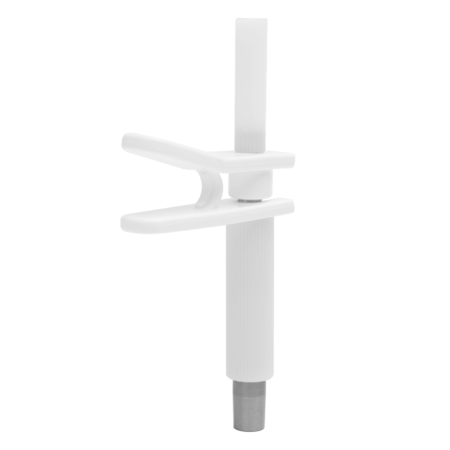 White plastic laboratory clamp with adjustable arms and a metal base, set against a plain white background.