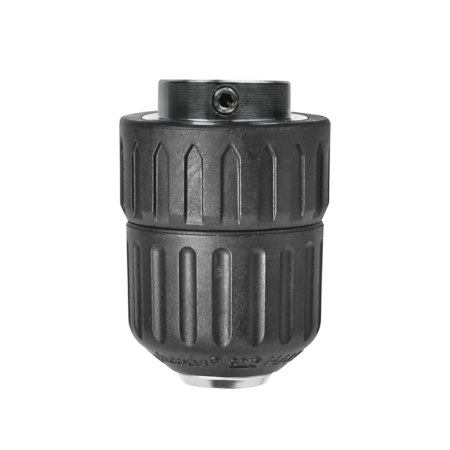 A close-up of a black, ridged drill chuck adapter with a metal locking screw at the top, shown against a plain white background.