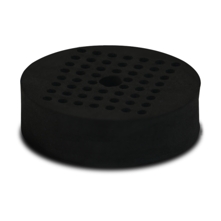 A round, black rubber disc with a grid of small holes and one larger central hole, shown on a white background.