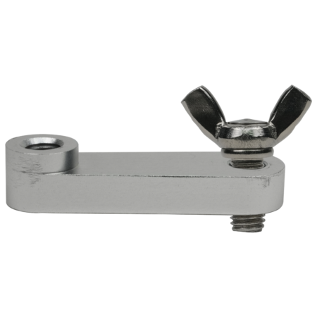 A metal bracket with a wing nut and bolt attached, featuring a circular hole on one end and a threaded hole on the other.