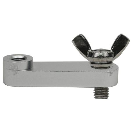 A silver metal bracket with a wing nut and a threaded screw on one end and a smooth hole on the other, against a plain background.