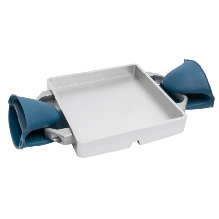 A square metal tray with two blue silicone grips attached on opposite sides.