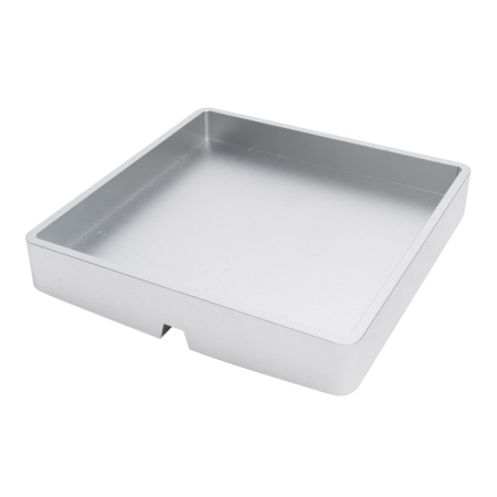 A square, shallow, silver metal tray with a notch on one side, set against a plain white background.