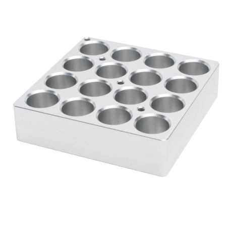 A square metal block with sixteen round holes evenly spaced in a 4x4 grid pattern.