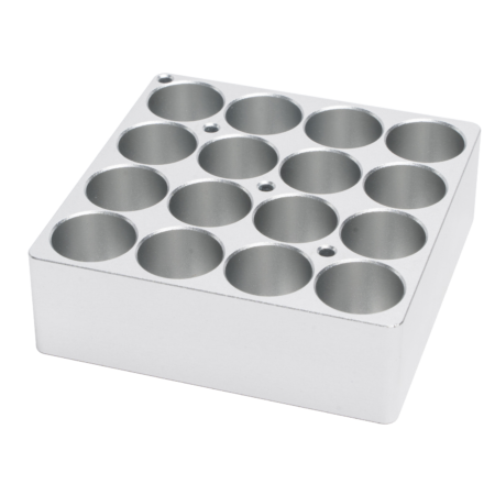 A rectangular metal block with 12 cylindrical holes arranged in a 3 by 4 grid, used as a holder or organizer.