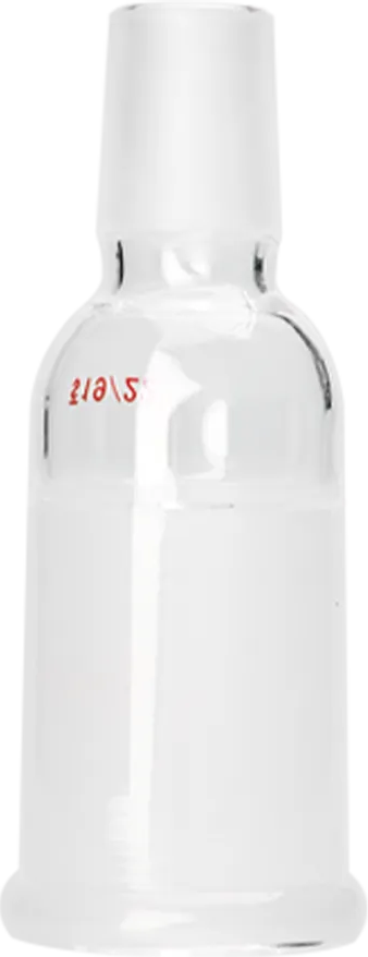 A clear glass adapter with ground glass joints, typically used in laboratory settings for connecting glassware.