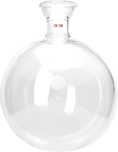 A clear round-bottom glass flask with a narrow neck and "35/20" printed in red near the opening, set against a plain background.