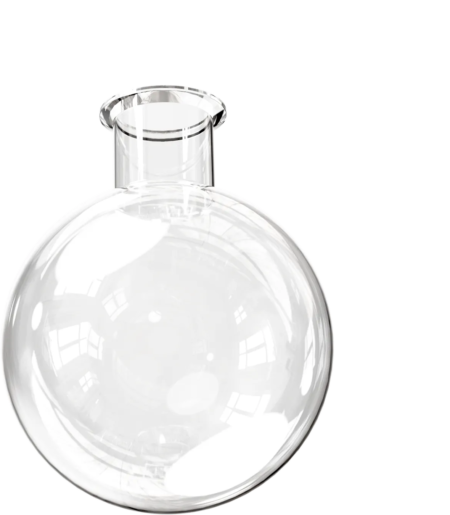 A clear, empty round-bottom glass flask is shown against a plain white background.