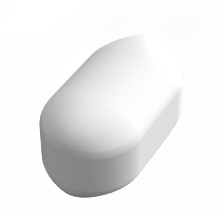 A single white, oblong tablet or pill on a plain white background.
