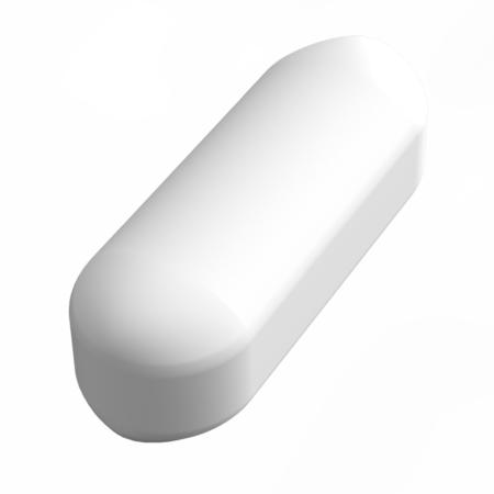 A single, white, oblong tablet on a plain light background.