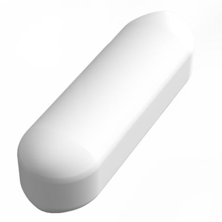 A white, oblong tablet or pill with rounded ends on a plain, light background.