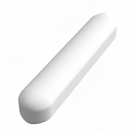 A white, elongated capsule-shaped object with rounded ends on a plain, light background.