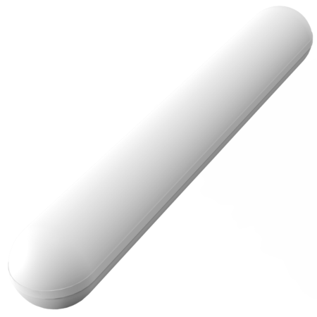 A long, cylindrical white LED light fixture with rounded ends, viewed from an angle against a plain background.