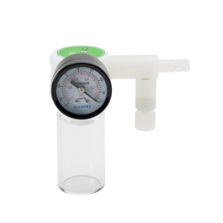 A vacuum gauge with a transparent collection jar, black dial, and white plastic fittings, used for measuring negative pressure in laboratory or industrial settings.
