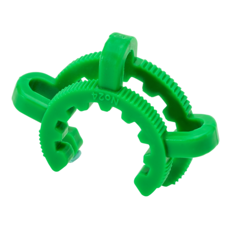 A green plastic lab clamp with interlocking gears, used for securing glassware connections in laboratory settings.