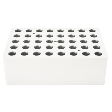 Rectangular metal block with multiple evenly spaced circular holes on the top surface, likely used as a laboratory tube holder or rack.