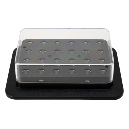 A rectangular black tray with a clear plastic cover, featuring multiple round holes arranged in rows on its surface.