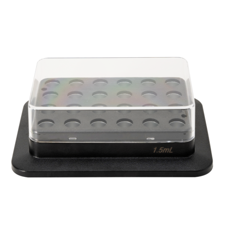 A black laboratory tube rack with a transparent plastic cover, holding space for multiple 1.5 mL tubes, on a white background.