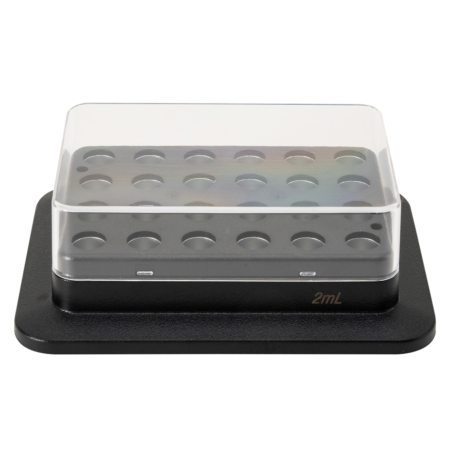A black rectangular lab tray with 24 circular wells, covered by a clear plastic lid and marked "2mL" on the side.