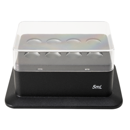 A black rectangular tray labeled "5mL" holds eight round wells, covered by a clear plastic lid.
