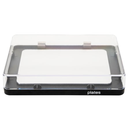 A rectangular black tray labeled "plates" with a clear, transparent lid covering the top.