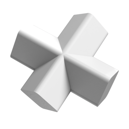 A white, four-pronged geometric object with smooth surfaces and sharp edges, arranged in a symmetrical cross shape on a plain background.