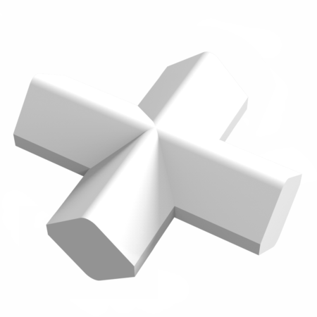 A white, three-dimensional geometric shape with four identical arms extending from a central point, resembling a plus sign or a cross, on a plain light background.