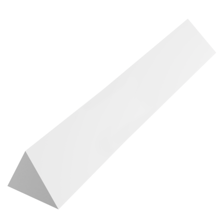 A white triangular prism with a shadow on a plain white background.