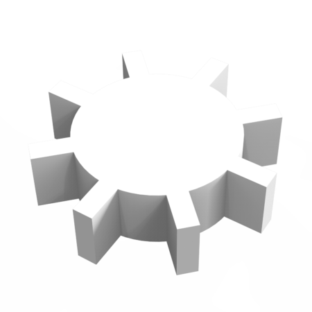 A white, cylindrical 3D object with a flat top and eight evenly spaced rectangular protrusions around its sides, resembling a simplified gear.