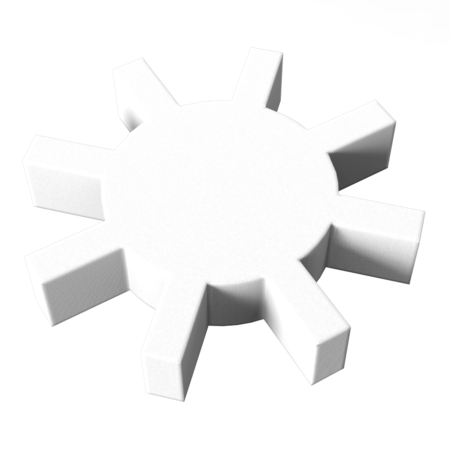 A white, gear-shaped object with eight rectangular protrusions on a plain white background.