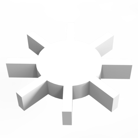 A white 3D circular shape with six evenly spaced rectangular protrusions around its edge, resembling a gear or sun on a plain background.