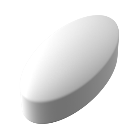 A single, white, oval-shaped tablet on a plain white background.