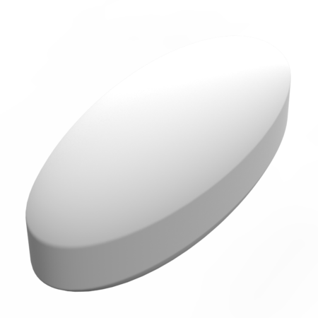 A single, plain, white, oval-shaped tablet or pill against a plain white background.