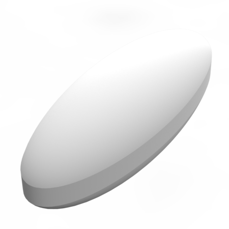 A single white, oval-shaped tablet on a plain, light background.
