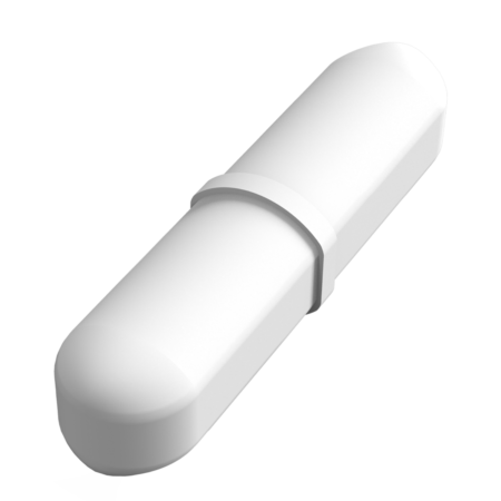 A white, cylindrical magnetic door sensor with rounded ends and a central seam, shown on a plain light background.