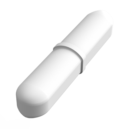 A white, cylindrical plastic object with rounded ends and a central band, shown on a plain light background.