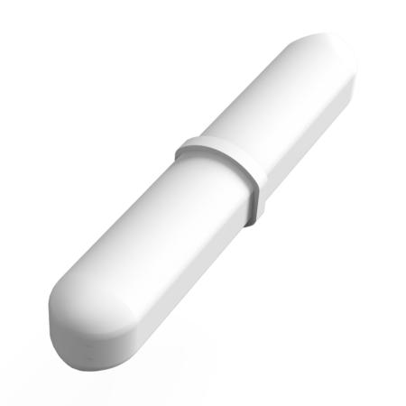 A white, cylindrical object with rounded ends and a central ridge, displayed on a plain light background.