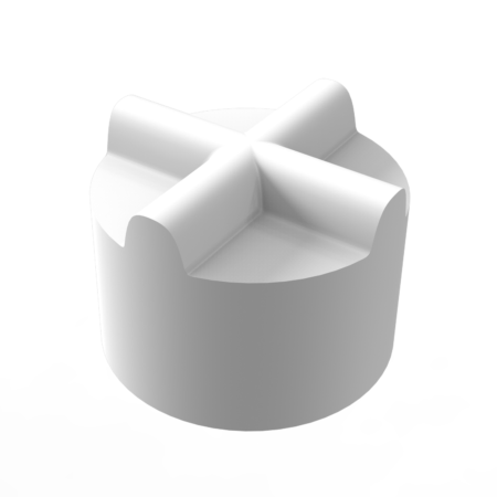A white cylindrical object with a cross-shaped ridge on top, viewed from an angle, set against a plain white background.