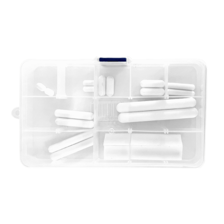 A clear plastic organizer box with multiple compartments containing various sizes of white cylindrical objects, viewed from above.