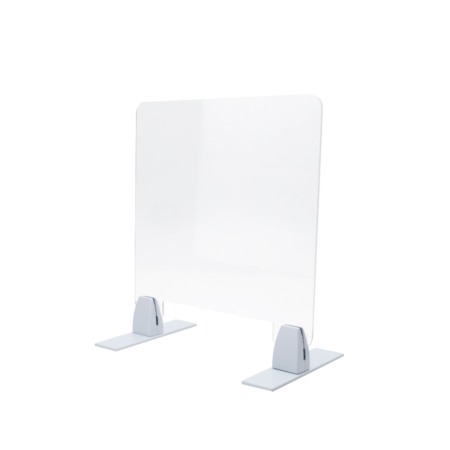 A clear acrylic protective barrier with two silver metal stands on a white background.