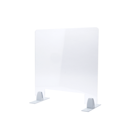 A clear acrylic protective barrier with metal feet stands upright on a flat surface against a plain white background.