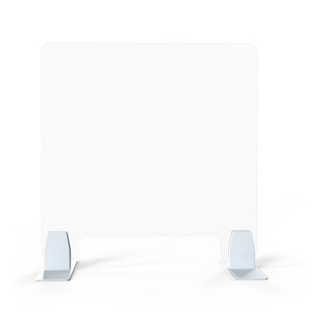 A clear acrylic desk sneeze guard with metal feet stands on a white background.