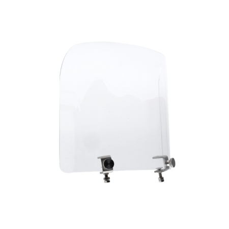 Clear acrylic windscreen with two metal mounting brackets on a plain white background.