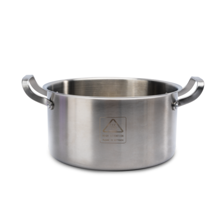 A stainless steel pot with two handles and a warning label on the side, set against a plain white background.