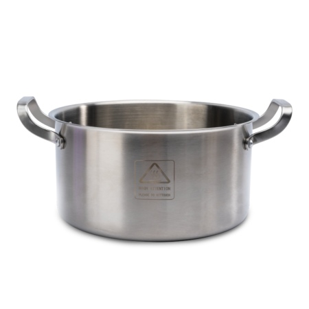A stainless steel pot with two side handles, viewed from the front, on a plain white background.