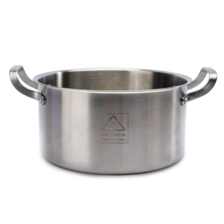 A stainless steel pot with two side handles and a caution sign on the front, shown against a plain white background.